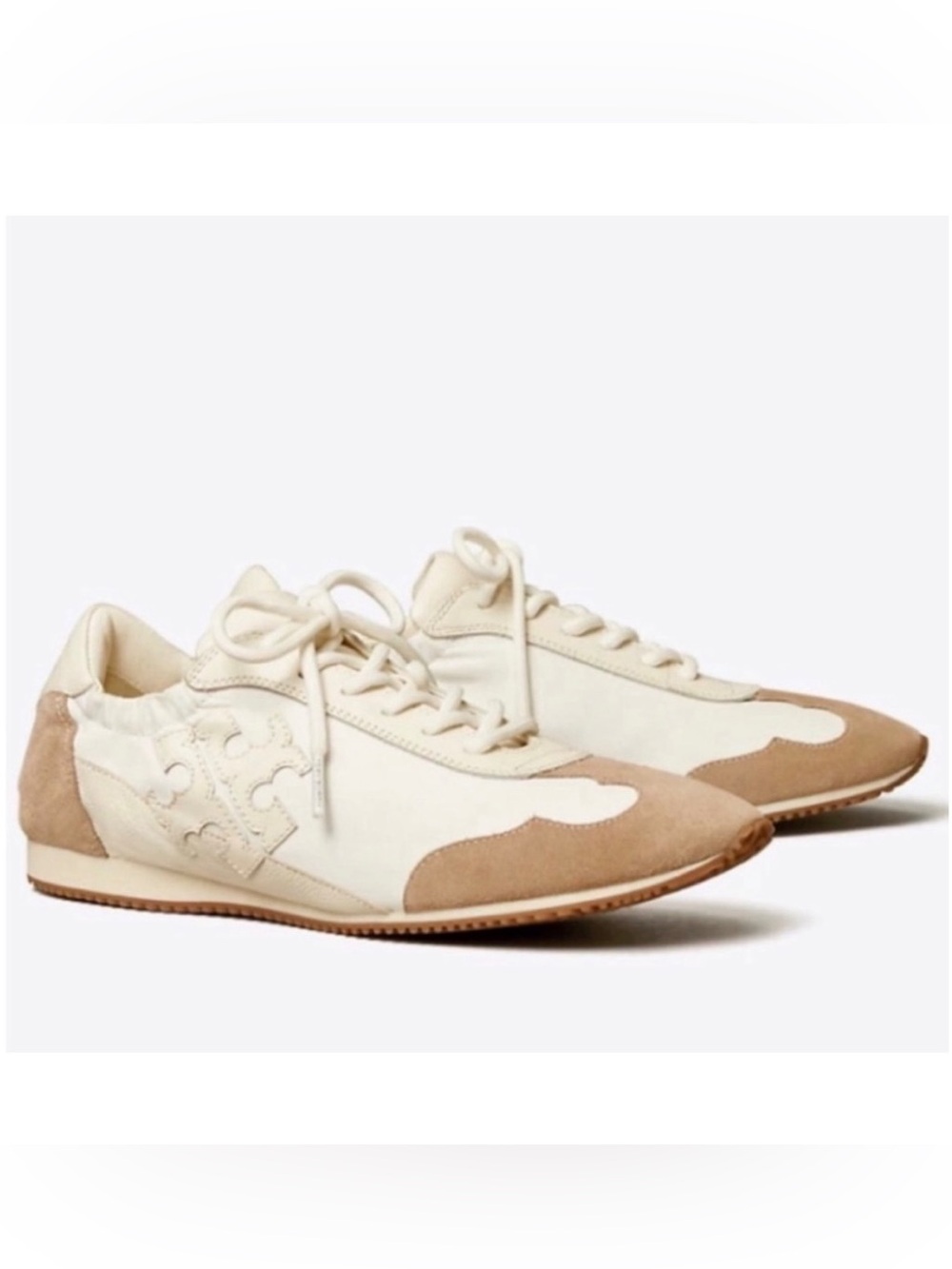 Tory Burch Leather Suede Logo Lace Up Sneakers Ivory Tan Size 9.5 NWT